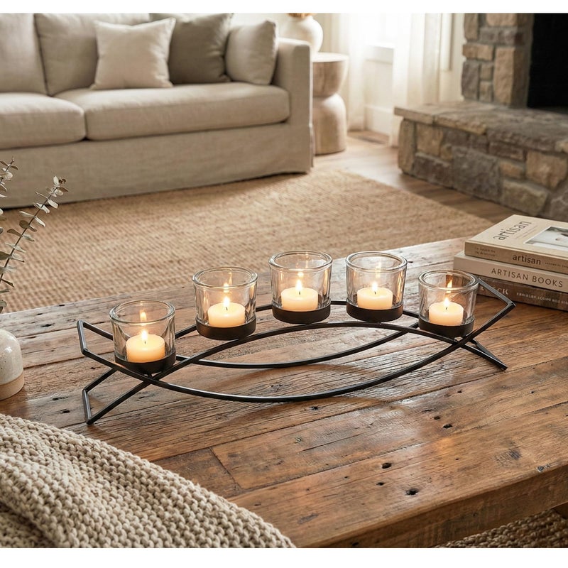 Seraphic Iron Arch Table Centerpiece Decorations Long Candle Holder for Christmas, Weddings, Patio, Kitchen, Dining Room, and Coffee Tables, Black, Red Chunky 5 Cups - Image 3