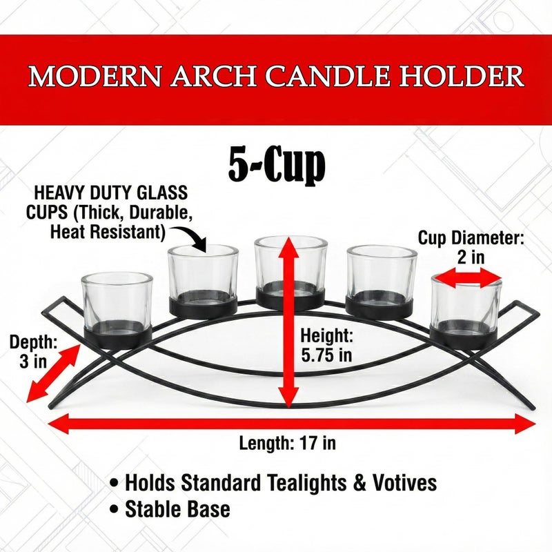 Seraphic Iron Arch Table Centerpiece Decorations Long Candle Holder for Christmas, Weddings, Patio, Kitchen, Dining Room, and Coffee Tables, Black, Red Chunky 5 Cups - Image 5
