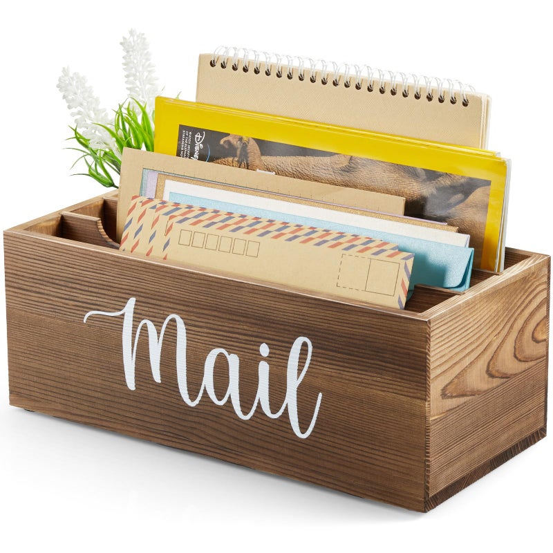 DRASTAR Mail Organizer Countertop Mail Holder with 3 Slots Mail Sorter Organizer for Desk Envelope Holder for Home Office Burnt Wood - Image 2
