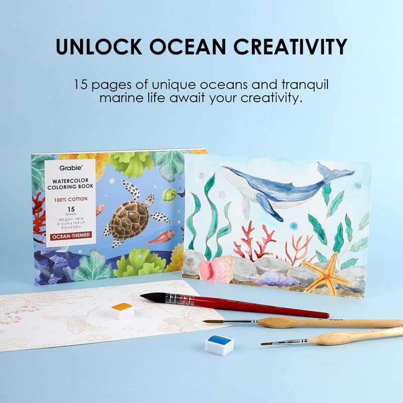 Grabie Watercolor Coloring Book, 15 Sheets A5 (8.3 x 5.8),Watercolor Book for Adults: Ignite Your Artistic Expression on 100% Cotton Paper (Ocean) - Image 2