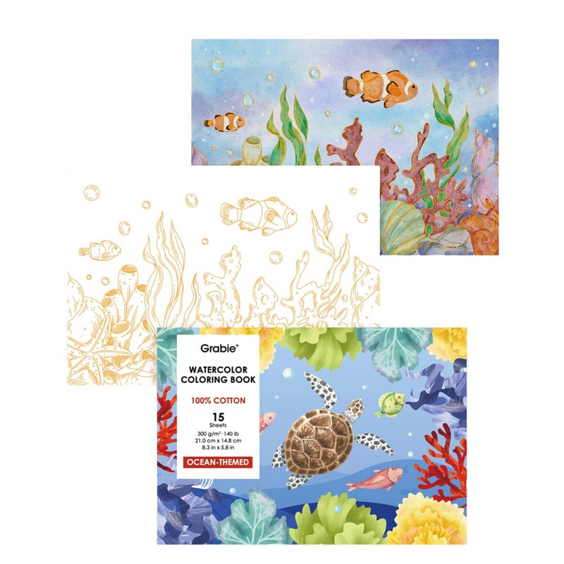 Grabie Watercolor Coloring Book, 15 Sheets A5 (8.3 x 5.8),Watercolor Book for Adults: Ignite Your Artistic Expression on 100% Cotton Paper (Ocean) - Image 1