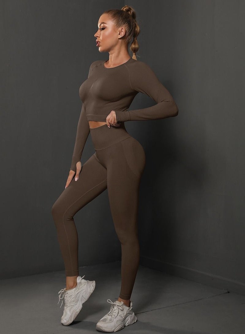 Loquat Yoga Tight Fitting Stretch Soft Sets Brown - Image 1