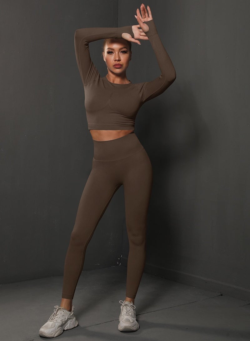 Loquat Yoga Tight Fitting Stretch Soft Sets Brown - Image 2
