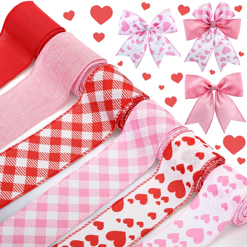 Sanwuta 6 Rolls 30 Yards Valentines Day Wired Ribbon 25 Inch Heart Printed Valentine Burlap Wired Ribbon Checkered Buffalo Plaid for Wreath Bow Craft Decor