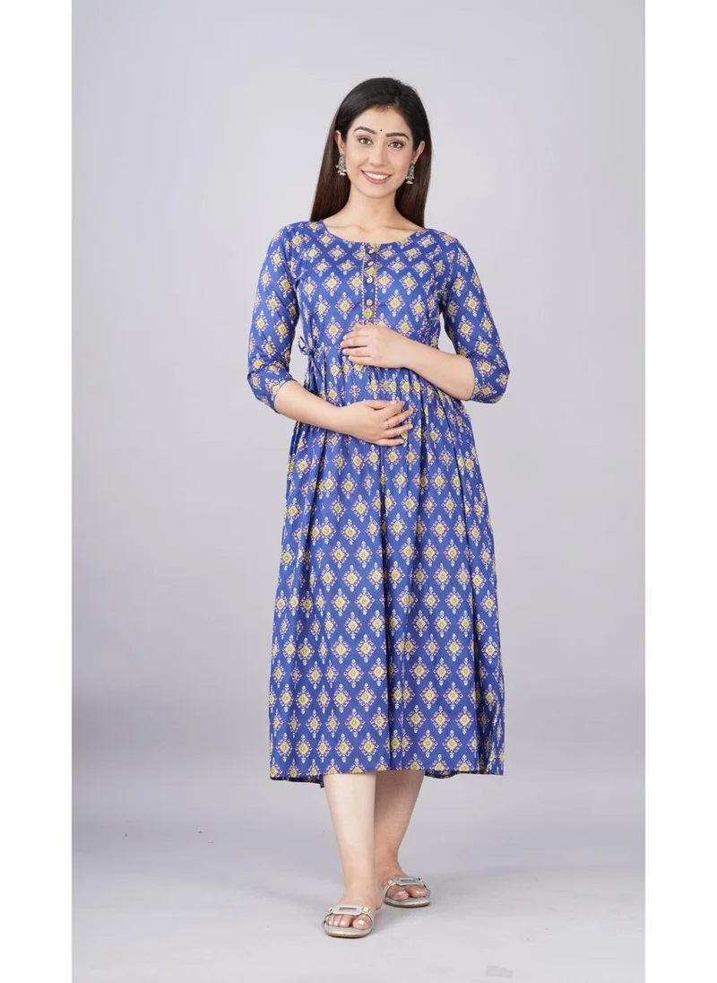 زيري سوق Blue Cotton Maternity Baby Feeding Dress