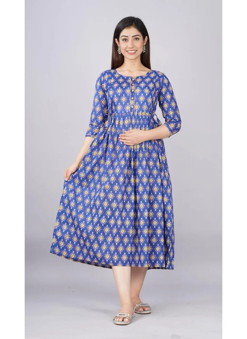 زيري سوق Blue Cotton Maternity Baby Feeding Dress