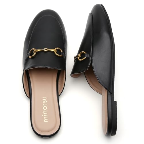 Minorsu Buckle Mules for Women Round Toe Backless Flat Mules Slides Mules Shoes Ladies Slip-on Loafers - Image 3
