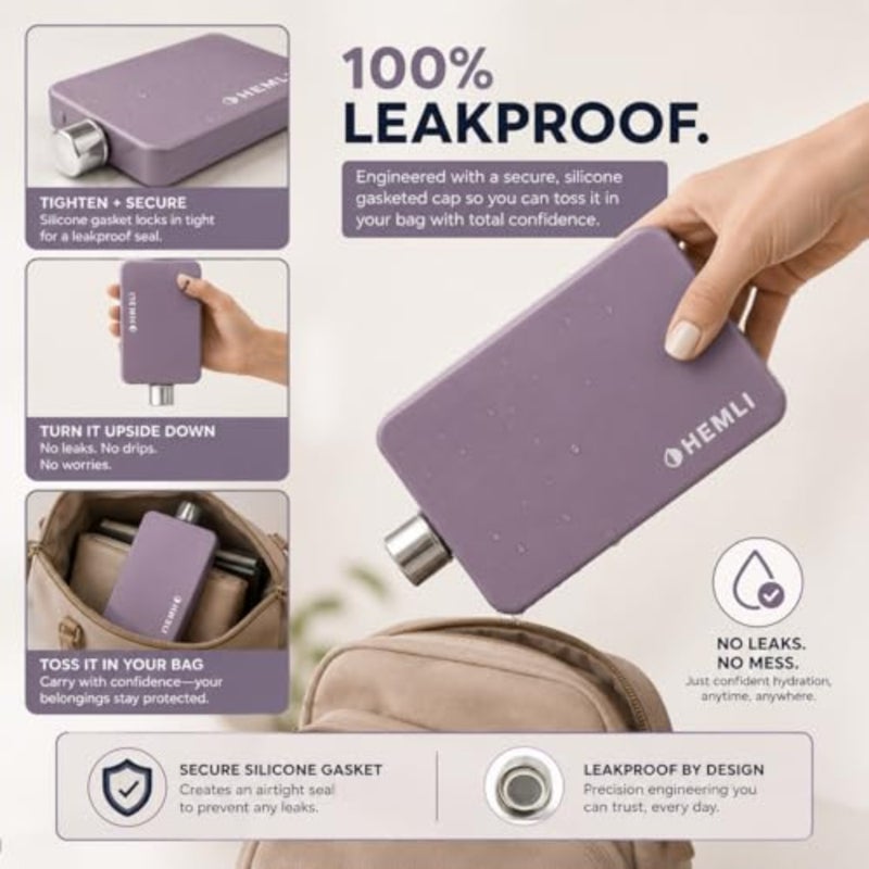 Flat Water Bottle with Carrying Case Thin Square Travel Water Bottle Fits in Purses and Bags Shatterproof BPA-Free Tritan Plastic Leakproof Silicone Seal - Image 5