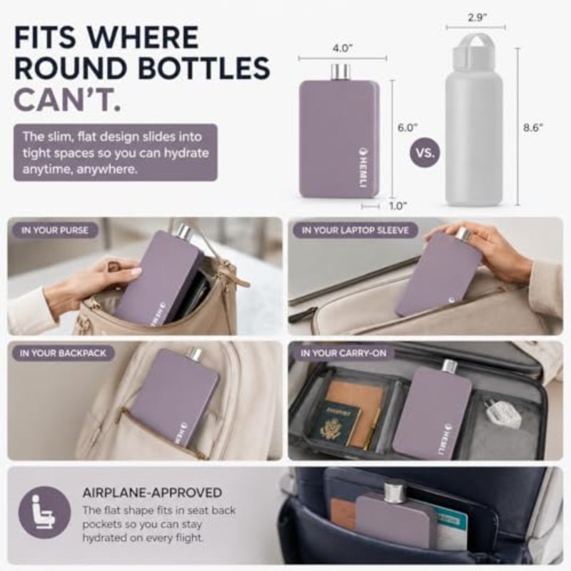 Flat Water Bottle with Carrying Case Thin Square Travel Water Bottle Fits in Purses and Bags Shatterproof BPA-Free Tritan Plastic Leakproof Silicone Seal - Image 3
