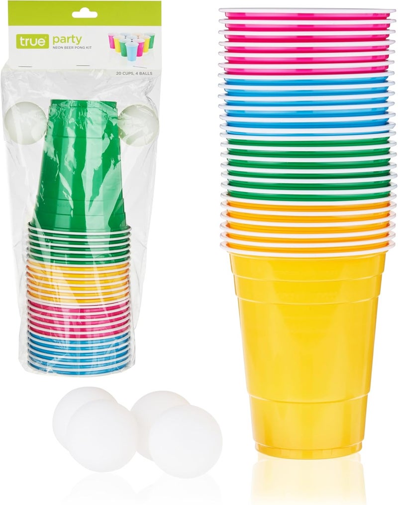 True Neon Kit, Beer Multicolor Set of 24 Cups and 4 Ping Pong Balls, Set of 1, Assorted - Image 1