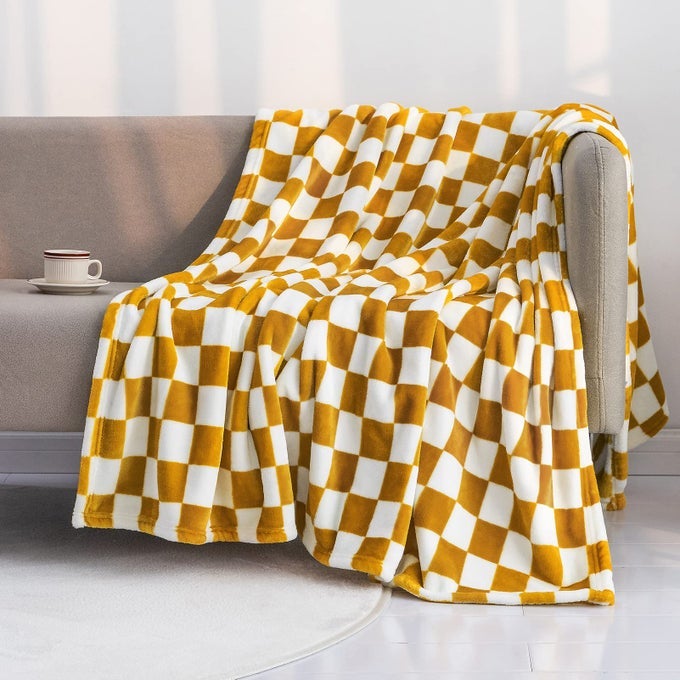 THROW BLANKETS FLANNEL BLANKET WITH CHECKERBOARD GRID PATTERN SOFT THROW BLANKET FOR COUCH BED SOFA LUXURIOUS WARM AND COZY FOR ALL SEASONS YELLOW 60X80