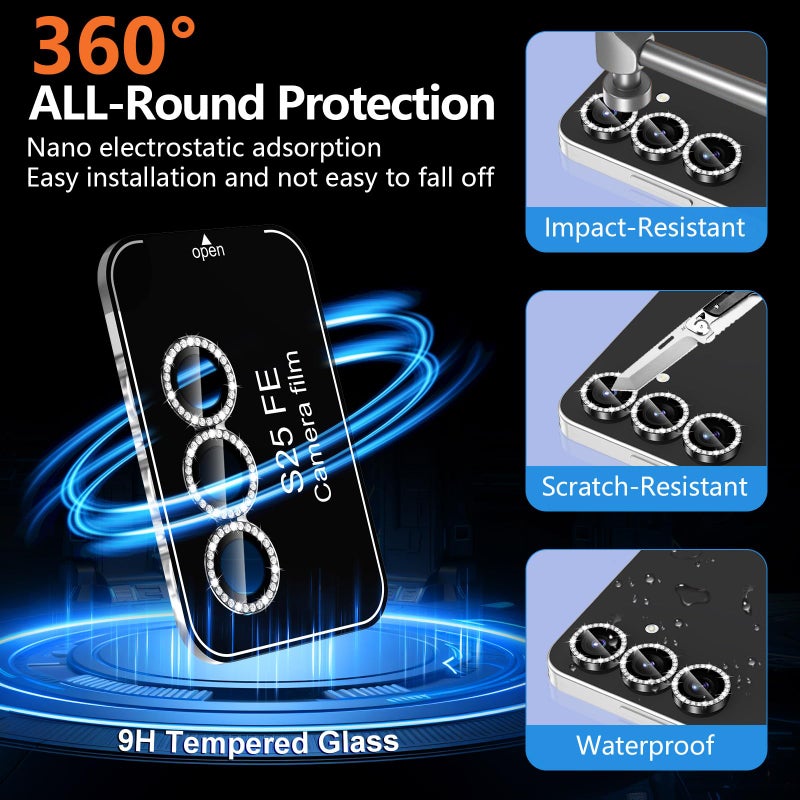 Avocase for Samsung Galaxy S25 FE Camera Lens Protector, Individual Metal Ring Tempered Glass Lens Cover, [Strong Adsorption] Scratch Resistant Ultra-Thin HD Clear Lens Cover, 1 Set-Black Diamond - Image 2