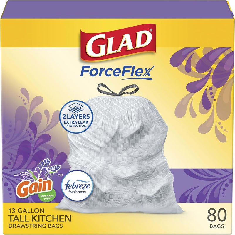 Glad ForceFlex Tall Kitchen Drawstring Trash Bags, 13 Gal, Gain Lavender, 80 Ct (Package May Vary) - Image 1