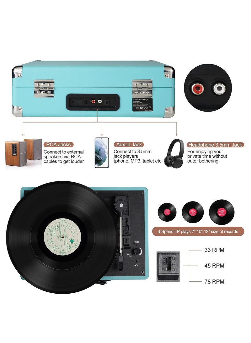 Record Player Vintage 3-Speed Bluetooth Vinyl Turntable with Stereo Speaker, Belt Driven Suitcase Vinyl Record Player - Image 5