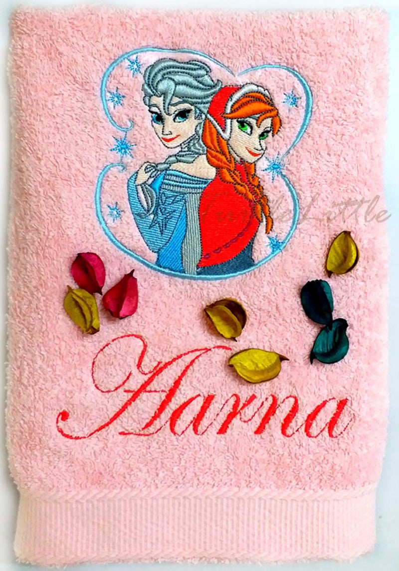 TurtleLittle Cotton Princess Sisters Personalised Kids Bath Towel 500 GSM Set of 1 Pink - Image 1