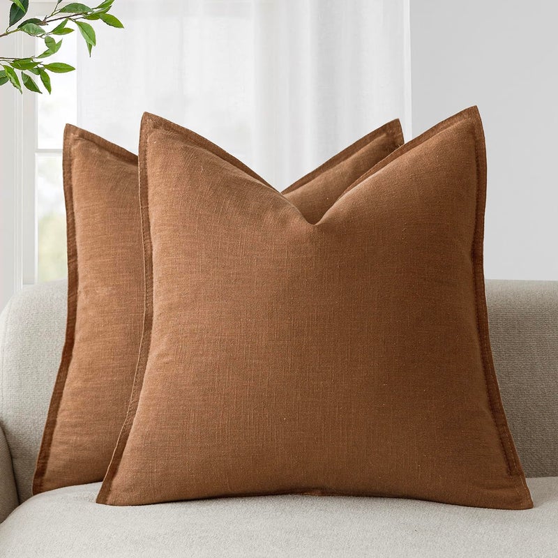Foindtower Pack of 2 Decorative Linen Soild Throw Pillow Covers Soft Accent Cushion Case Boho Farmhouse Pillowcase for Chair Couch Sofa Bedroom Living Room Home Decor 20 x 20 Inch Orange Brown