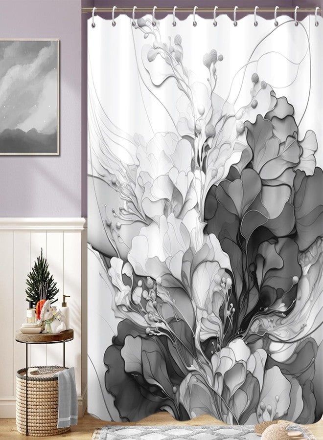 Uiiooazy Grey Flowers Shower Curtain for Bathroom Light Gray White Marble Shower Curtain Set with Hooks Abstract Floral Bathtub Decor Waterproof Fabric Curtains 72x72inches - Image 2