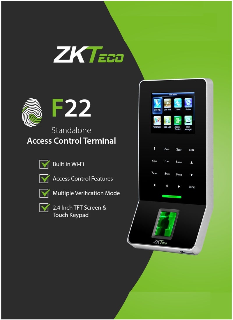 ZKTeco - ZKTeco F22 Biometric Access Control Terminal with Silk ID Fingerprint Sensor – 3000 Fingerprints / 30,000 Logs – WiFi, TCP/IP, RS485, USB Host - Image 1