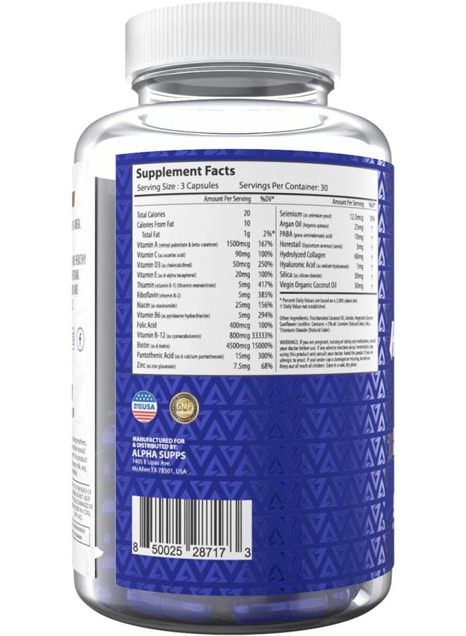 ALPHA SUPPS Hair, Skin, and Nails Supplement for Women - Vibrant HSN Health and Strength with Biotin, Collagen, and Vitamins to Support Hair Growth, Thickness, and Skin Radiance - 90 Capsules - Image 2