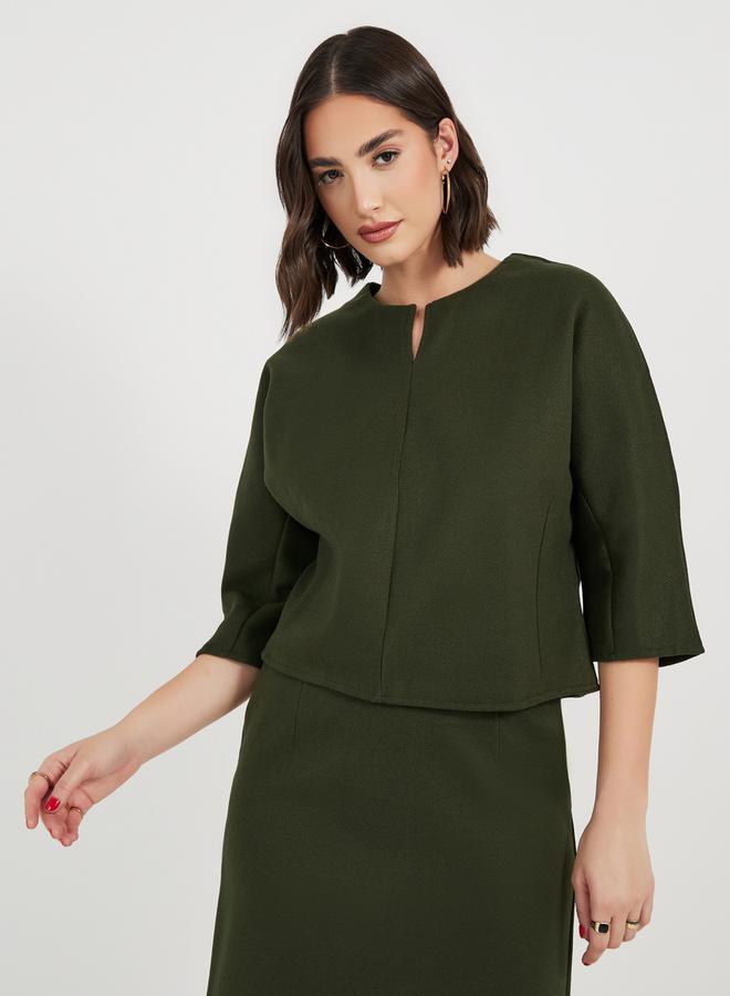 Styli Split Neck Crop Top with 3/4 Sleeves - Image 1