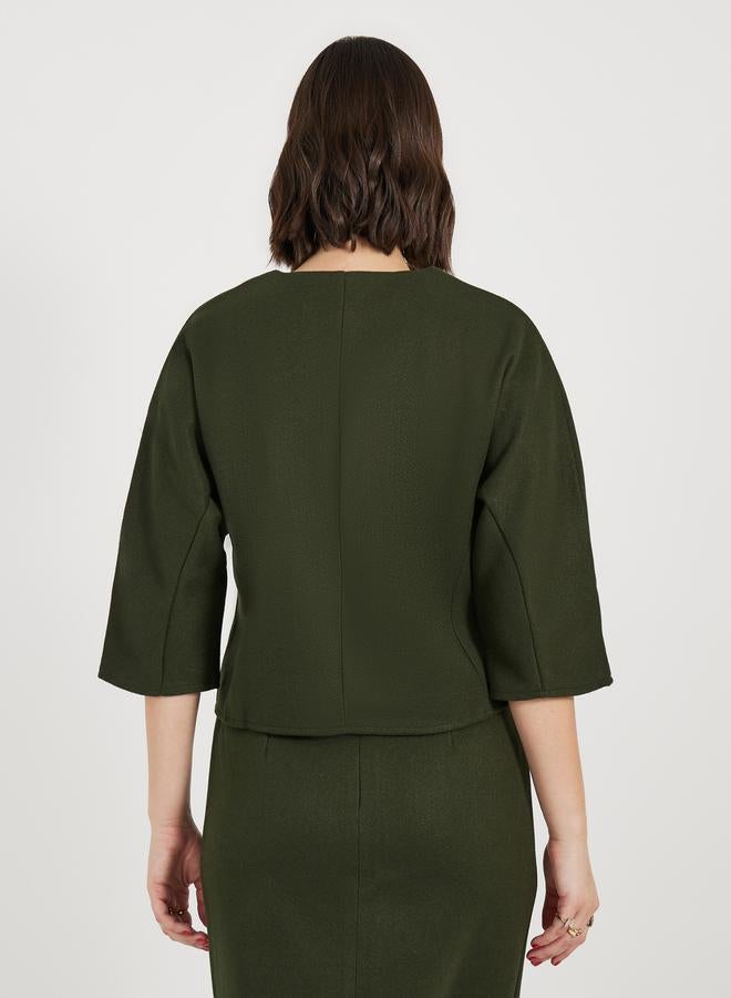 Styli Split Neck Crop Top with 3/4 Sleeves - Image 4