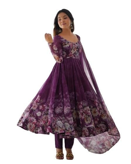 KD Women's Floral Print Anarkali Kurta Set with Pant and Dupatta, Georgette, Full Sleeves, Asymmetric Hemline (IN, Alpha, 2XL, Regular, PURPLE) - Image 1
