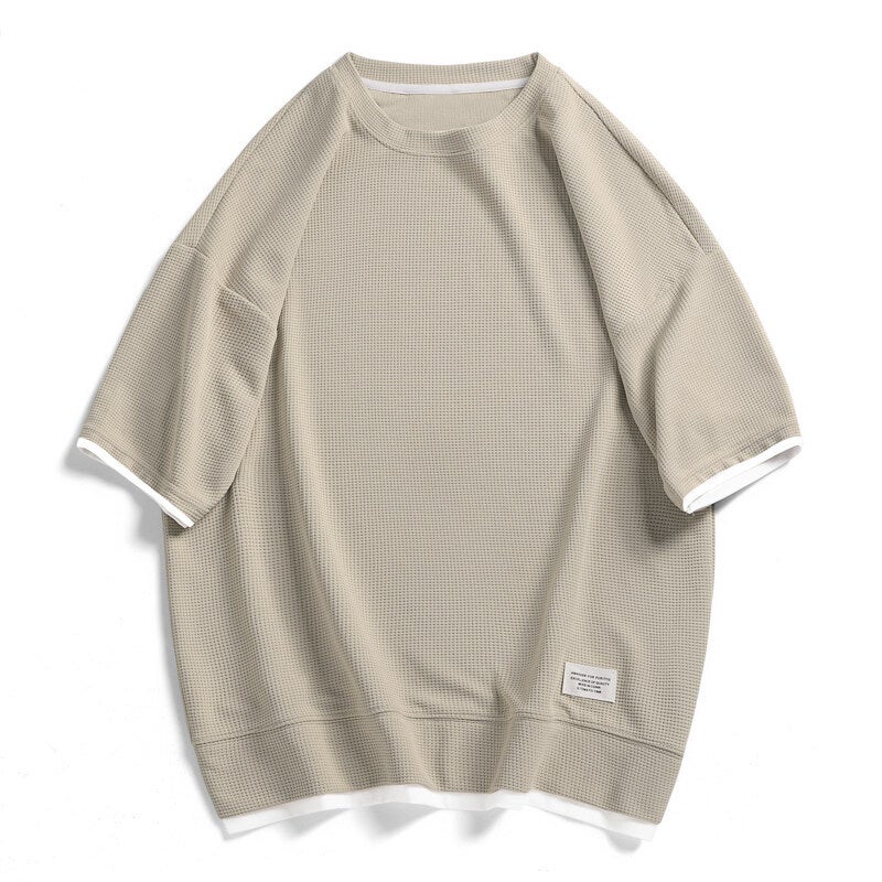 Casual Waffle T-Shirt Men'S Large Size Plus Fat Plus Korean Style Hong Kong Style Retro Youth Loose Version - Image 4