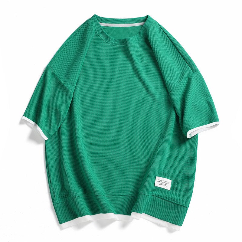 Casual Waffle T-Shirt Men'S Large Size Plus Fat Plus Korean Style Hong Kong Style Retro Youth Loose Version - Image 1