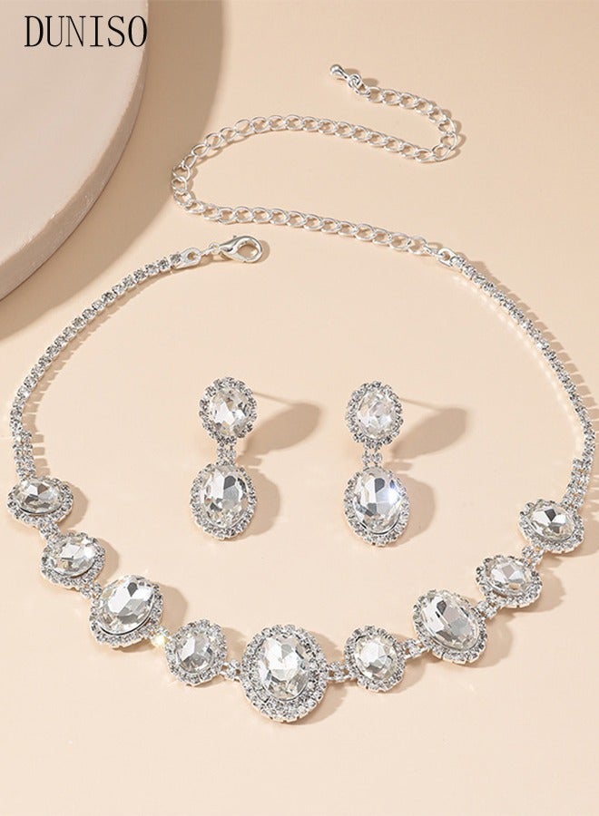 DUNISO 2Piece Necklace and Earrings Set Full Diamond Necklace Crystal Earrings Wedding Bridal Bridesmaid Costume Jewelry Set for Women and Girls Dress Accessories - Image 4