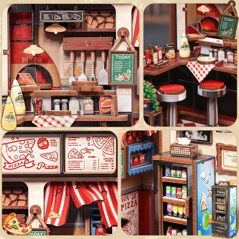 CUTEBEE Book Nook Kit - DIY Miniature House Dollhouse Kit for Adults and Teens, Booknook Tiny House Pizza Shop Bookshelf Decor 3D Wooden Puzzle, Gifts for Family, Friends (Uncle Joe's Pizzeria) - Image 4