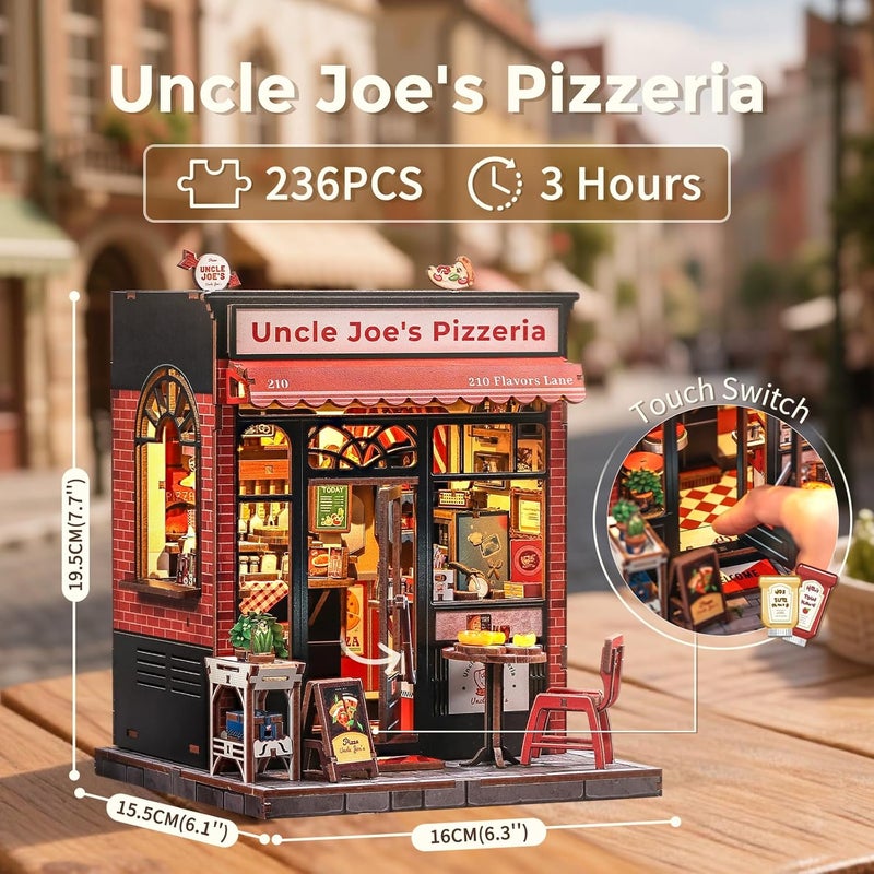 CUTEBEE Book Nook Kit - DIY Miniature House Dollhouse Kit for Adults and Teens, Booknook Tiny House Pizza Shop Bookshelf Decor 3D Wooden Puzzle, Gifts for Family, Friends (Uncle Joe's Pizzeria) - Image 2