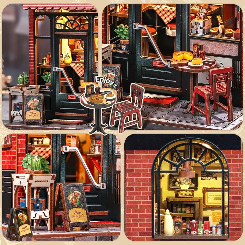 CUTEBEE Book Nook Kit - DIY Miniature House Dollhouse Kit for Adults and Teens, Booknook Tiny House Pizza Shop Bookshelf Decor 3D Wooden Puzzle, Gifts for Family, Friends (Uncle Joe's Pizzeria) - Image 5