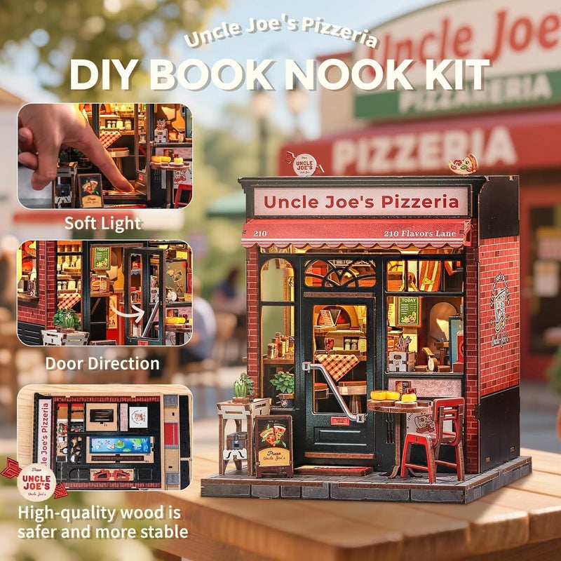 CUTEBEE Book Nook Kit - DIY Miniature House Dollhouse Kit for Adults and Teens, Booknook Tiny House Pizza Shop Bookshelf Decor 3D Wooden Puzzle, Gifts for Family, Friends (Uncle Joe's Pizzeria) - Image 3