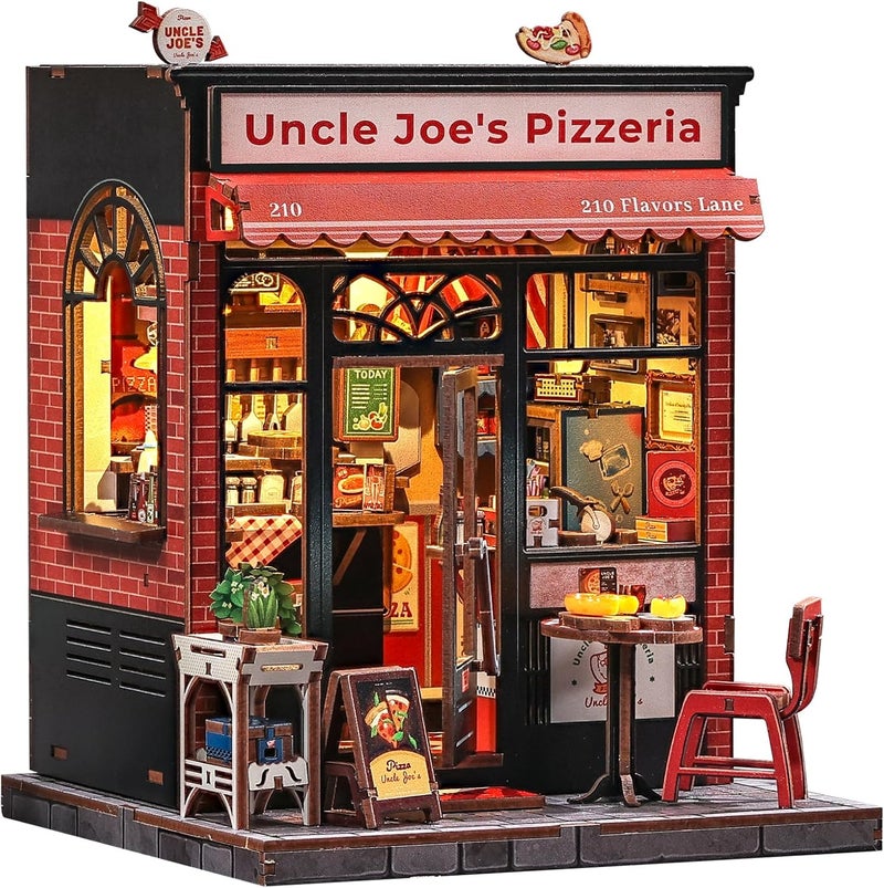 CUTEBEE Book Nook Kit - DIY Miniature House Dollhouse Kit for Adults and Teens, Booknook Tiny House Pizza Shop Bookshelf Decor 3D Wooden Puzzle, Gifts for Family, Friends (Uncle Joe's Pizzeria) - Image 1