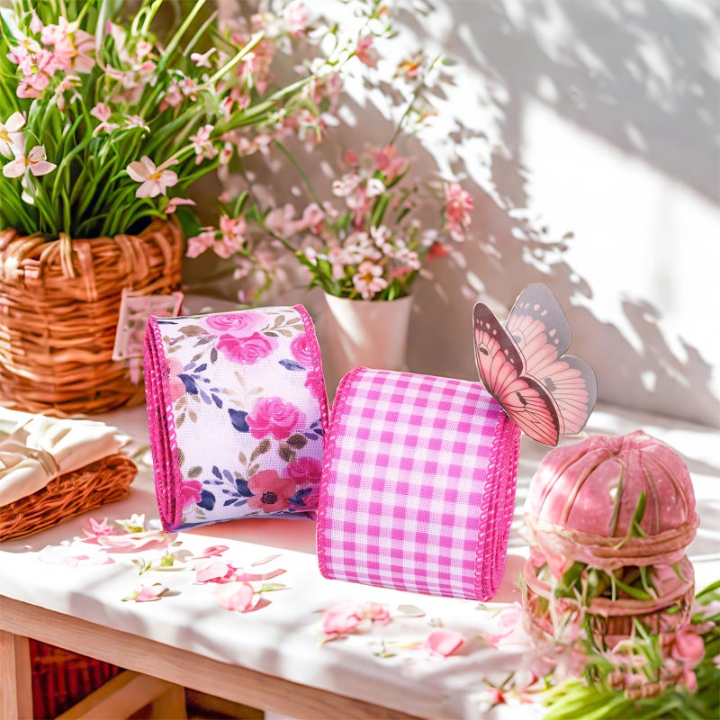 LaRibbons Floral Ribbon Wired 2 Rolls 2.5 Inch x 12 Yards TTL, Flower Pink and White Plaid Spring Summer Ribbon with Rose Printed for Wreath Crafts Wrapping Bow - Image 3