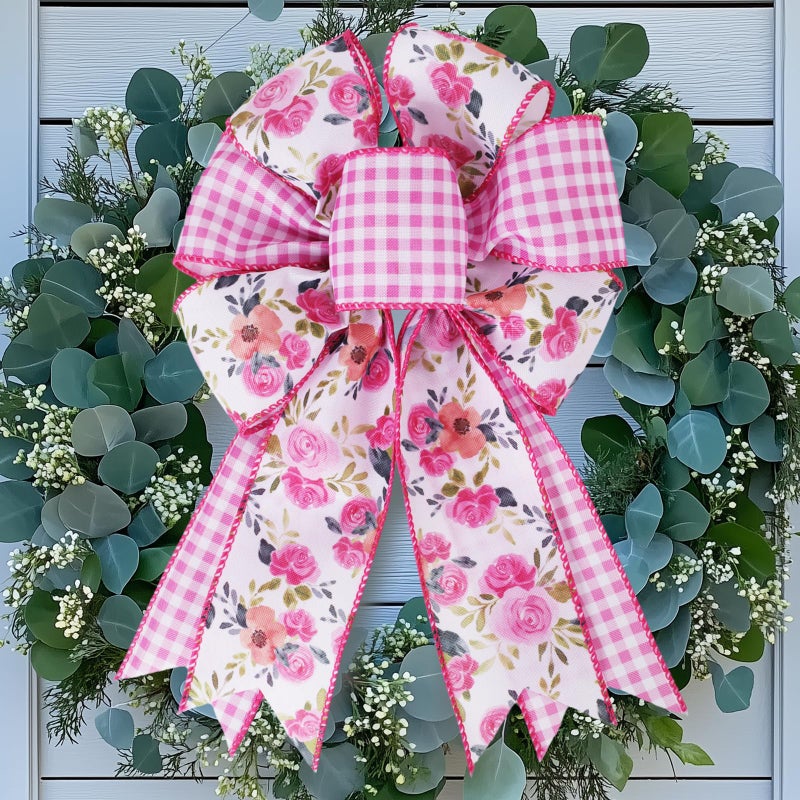 LaRibbons Floral Ribbon Wired 2 Rolls 2.5 Inch x 12 Yards TTL, Flower Pink and White Plaid Spring Summer Ribbon with Rose Printed for Wreath Crafts Wrapping Bow - Image 2