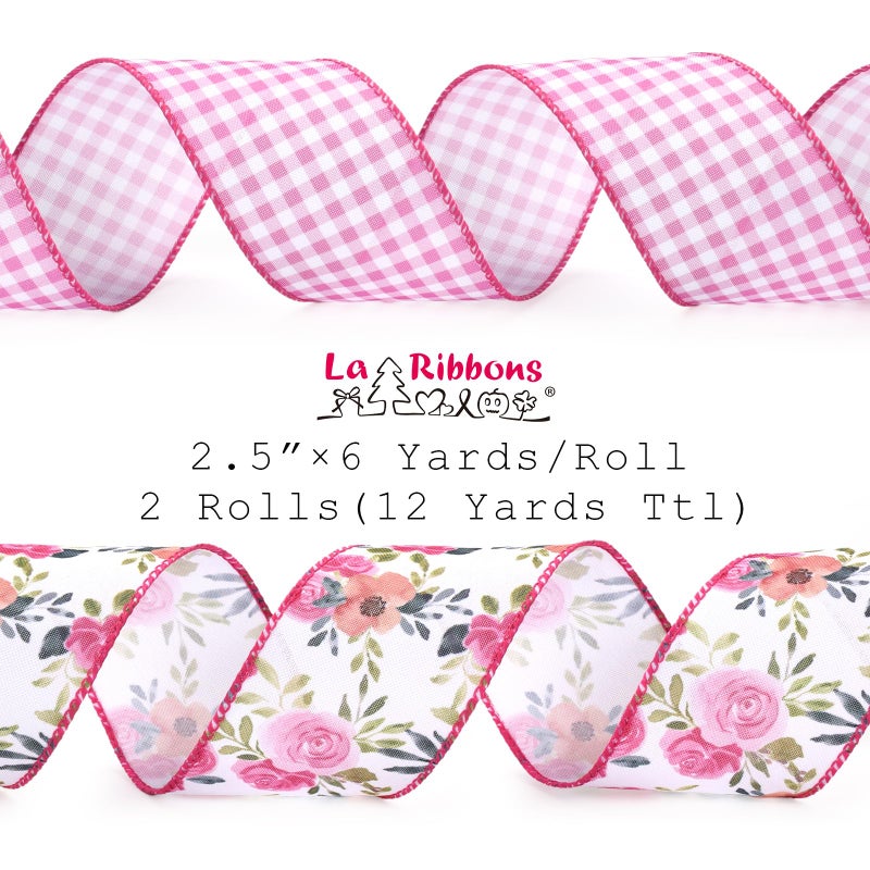 LaRibbons Floral Ribbon Wired 2 Rolls 2.5 Inch x 12 Yards TTL, Flower Pink and White Plaid Spring Summer Ribbon with Rose Printed for Wreath Crafts Wrapping Bow - Image 5