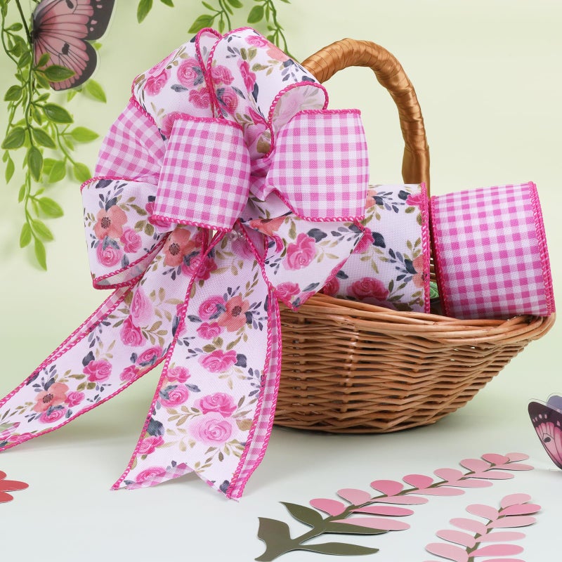LaRibbons Floral Ribbon Wired 2 Rolls 2.5 Inch x 12 Yards TTL, Flower Pink and White Plaid Spring Summer Ribbon with Rose Printed for Wreath Crafts Wrapping Bow - Image 4