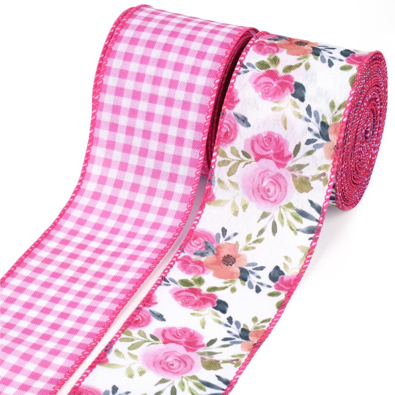 LaRibbons Floral Ribbon Wired 2 Rolls 2.5 Inch x 12 Yards TTL, Flower Pink and White Plaid Spring Summer Ribbon with Rose Printed for Wreath Crafts Wrapping Bow - Image 1