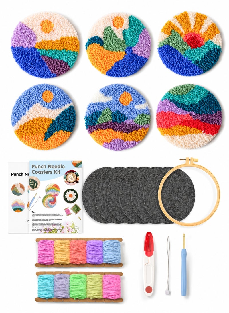 ELLEGLAM Punch Needle Coaster Kit for Beginners, 6 Pack DIY Embroidery Starter Kit with Pre-Printed Landscape Patterns, Yarn, Hoop, Punch Needle and Tools - Image 1