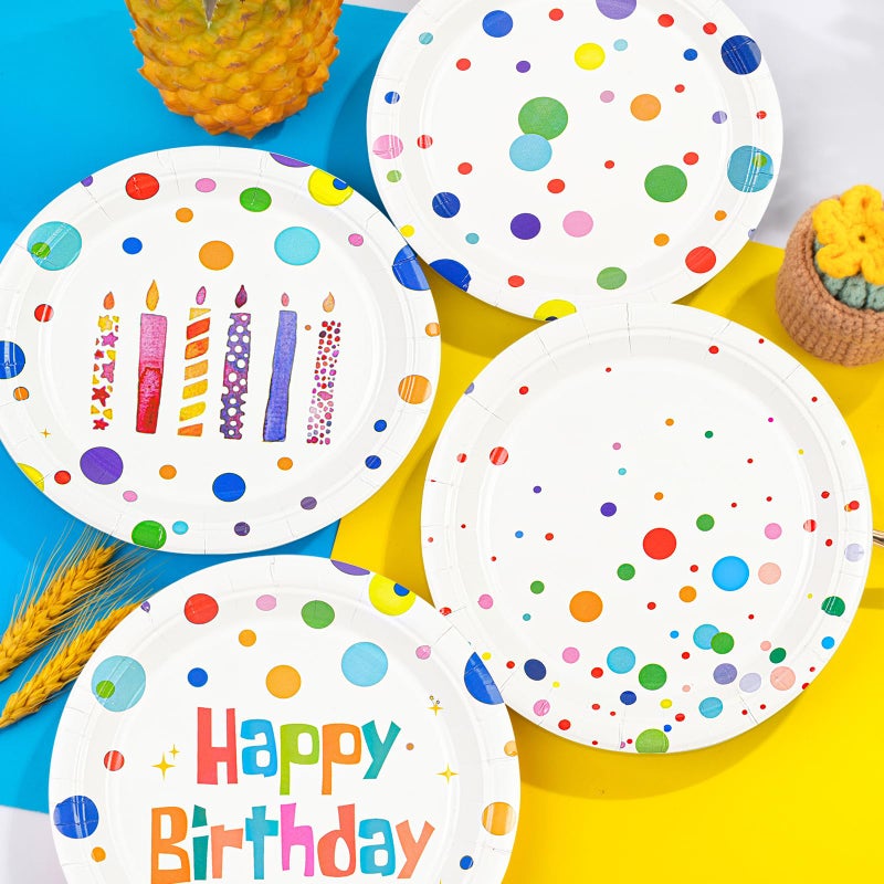 HFBOBP 48PCS Happy Birthday Paper Plates  7Inch Colourful Dots Cake Dessert Plates Disposable Tableware Set For Boys Girls Birthday Party Supplies Decorations - Image 2