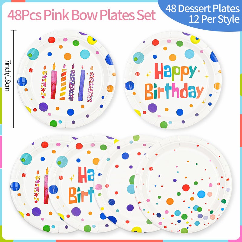 HFBOBP 48PCS Happy Birthday Paper Plates  7Inch Colourful Dots Cake Dessert Plates Disposable Tableware Set For Boys Girls Birthday Party Supplies Decorations - Image 3