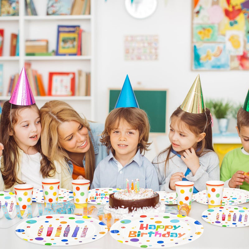 HFBOBP 48PCS Happy Birthday Paper Plates  7Inch Colourful Dots Cake Dessert Plates Disposable Tableware Set For Boys Girls Birthday Party Supplies Decorations - Image 5