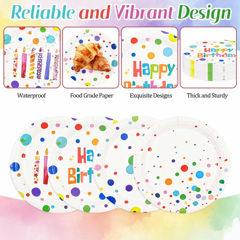 HFBOBP 48PCS Happy Birthday Paper Plates  7Inch Colourful Dots Cake Dessert Plates Disposable Tableware Set For Boys Girls Birthday Party Supplies Decorations - Image 4