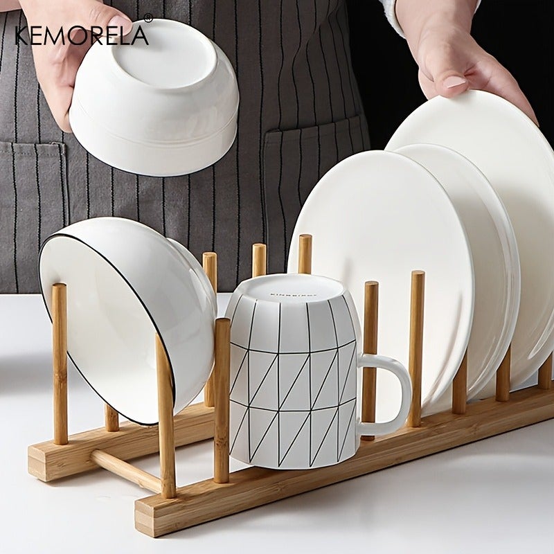 KEMORELA Bamboo Wooden Dish Racks Plate Stand Holder Vertical Drainer Kitchen Cabinet Organizer for Dish, Pots, Lids, Bowls, Cups, And Cutting Boards And Books - Image 2