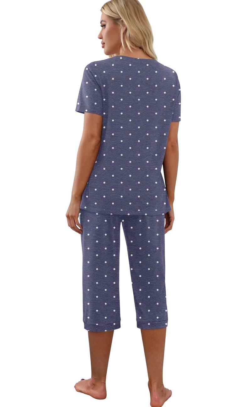 PrinStory Women's Pajama Set Short Sleeve Shirt and Capri Pants Sleepwear Pjs Sets with Pockets Dot-Navy Blue-Large - Image 5