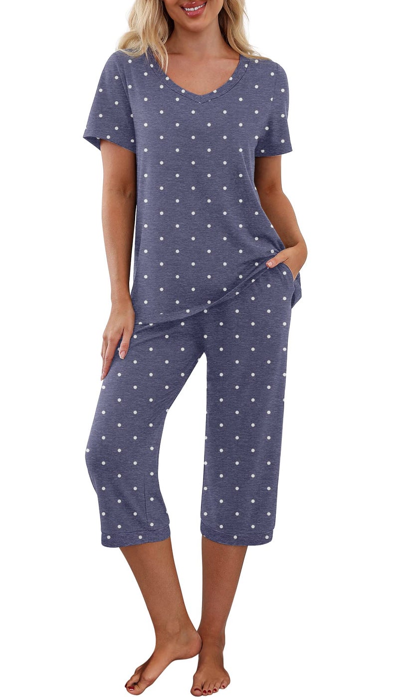PrinStory Women's Pajama Set Short Sleeve Shirt and Capri Pants Sleepwear Pjs Sets with Pockets Dot-Navy Blue-Large - Image 1
