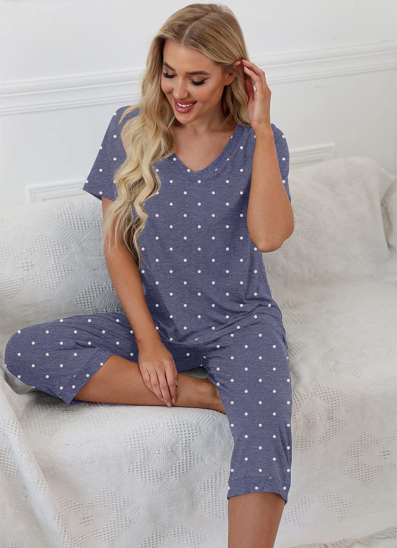PrinStory Women's Pajama Set Short Sleeve Shirt and Capri Pants Sleepwear Pjs Sets with Pockets Dot-Navy Blue-Large - Image 4