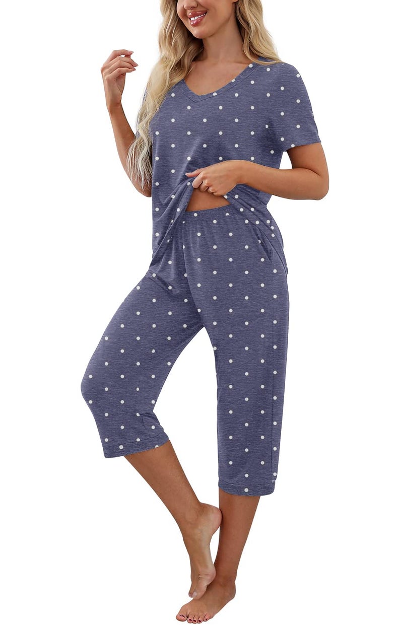 PrinStory Women's Pajama Set Short Sleeve Shirt and Capri Pants Sleepwear Pjs Sets with Pockets Dot-Navy Blue-Large - Image 3