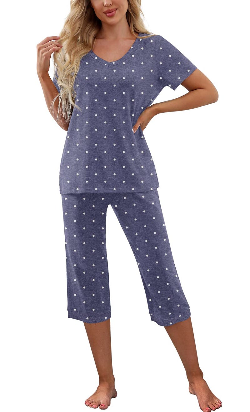 PrinStory Women's Pajama Set Short Sleeve Shirt and Capri Pants Sleepwear Pjs Sets with Pockets Dot-Navy Blue-Large - Image 2